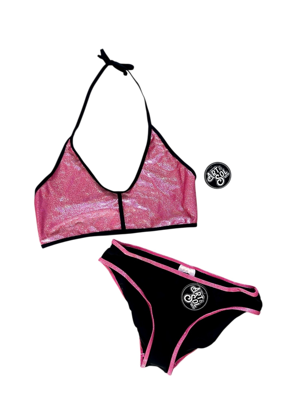 Art & Sol Girls Pink Sparkle Bikini Set with Black Trim